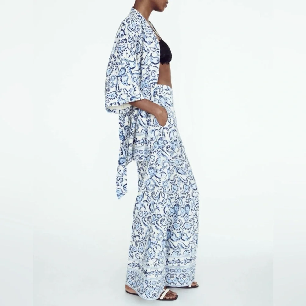 ZARA Wide Leg Paisley Print Pants Linen Blend Blue White M